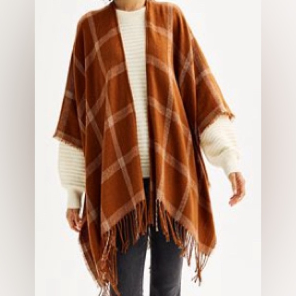 Window Plaid Fringed Ruana Poncho Shawl